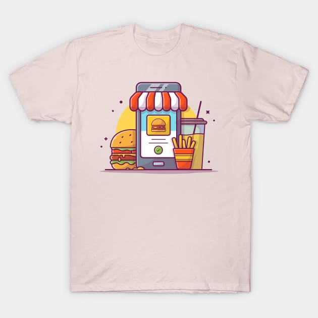 Handphone, Burger, French Fries, And Drink Cartoon T-Shirt by Catalyst Labs